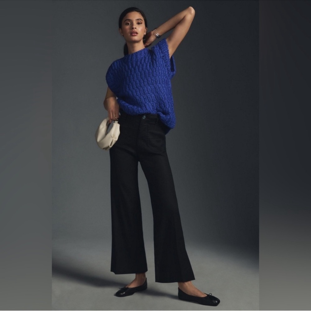 Anthropologie Wide-Leg Pants in Black with Royal Blue Sweater Styling